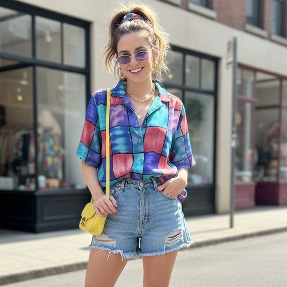 Alia Tops - Vintage 90s Colorblock Geometric Abstract Button Down Short Sleeve Blouse Top‎ L